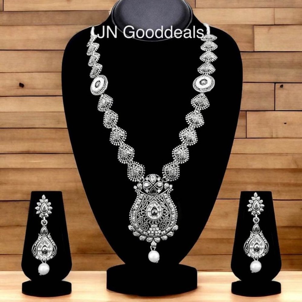Oxidised Plated White Austrian Stone Long Necklace Set
